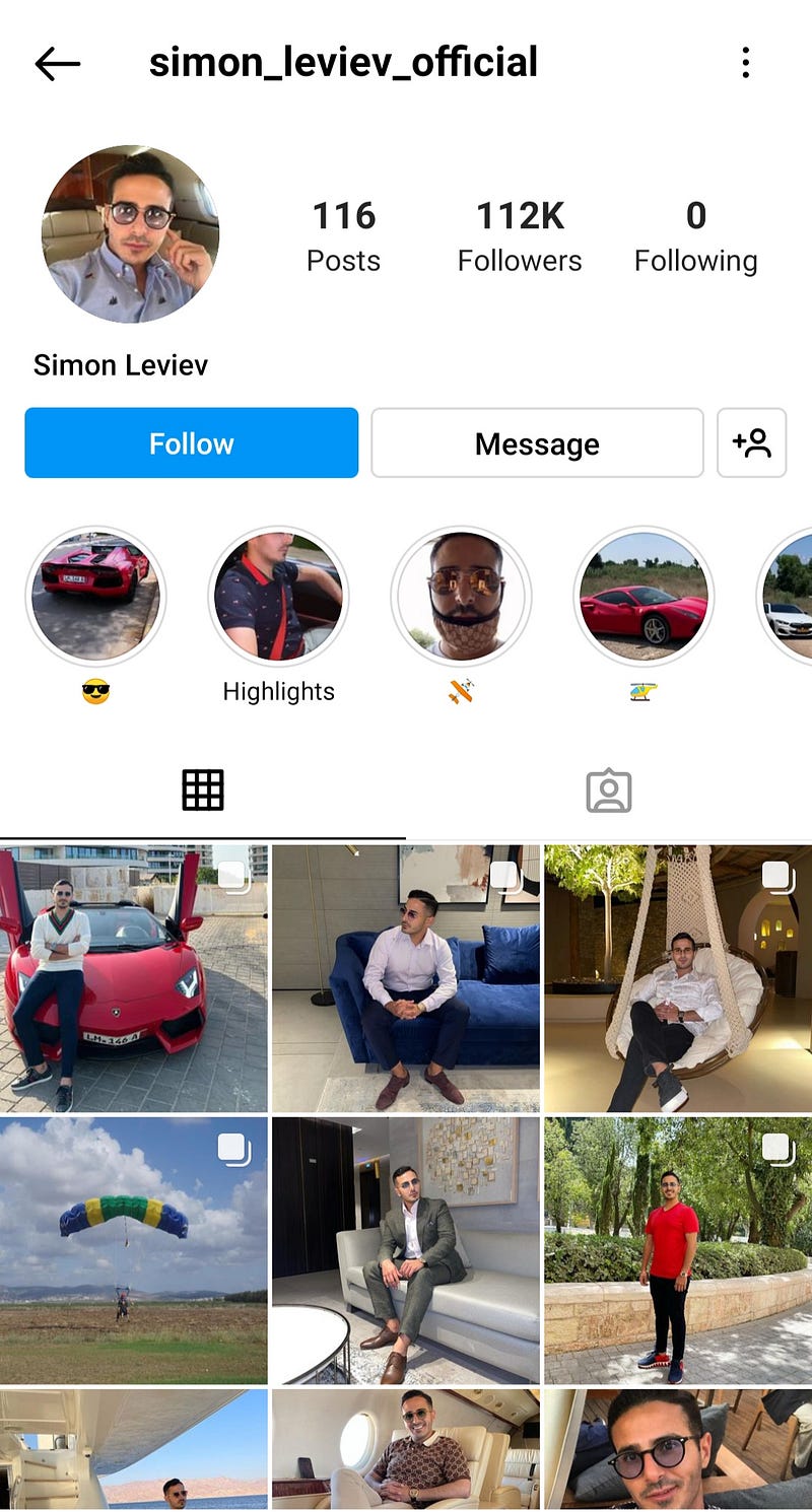 Screenshot of Simon Leviev's Instagram before deletion