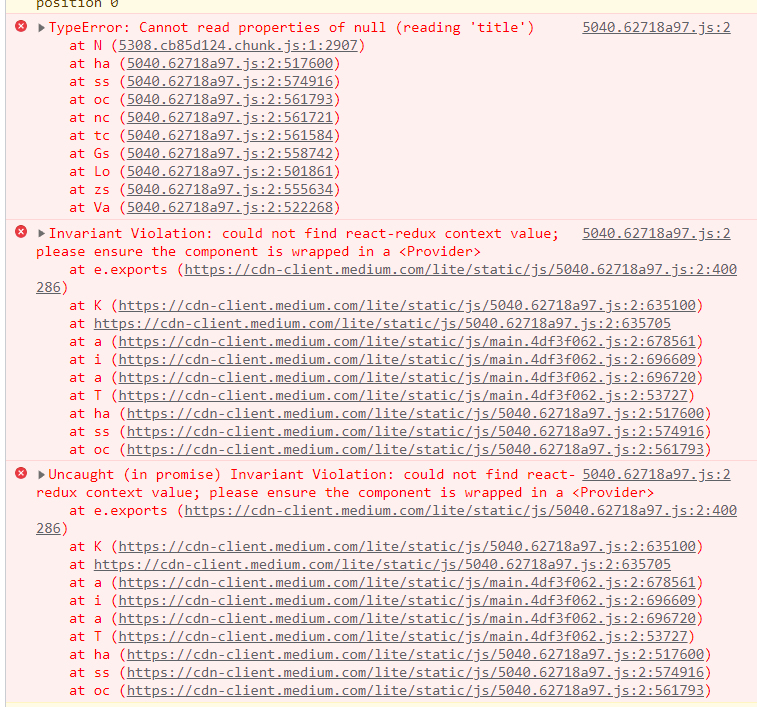 Screenshot of console errors on Medium