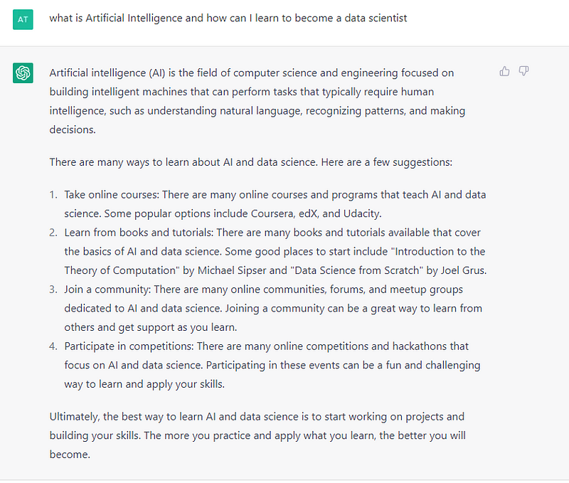 ChatGPT's explanation of Artificial Intelligence