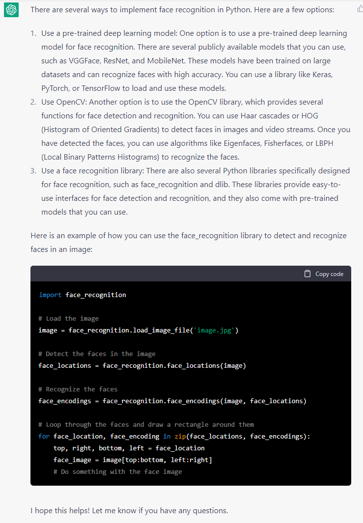 Facial recognition code provided by ChatGPT