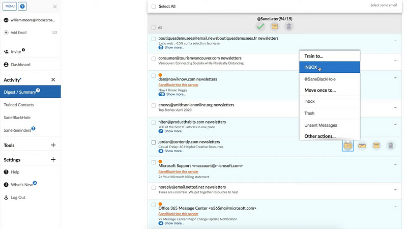 SaneBox application interface