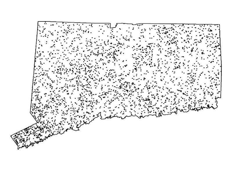 Map of Connecticut showing dam locations