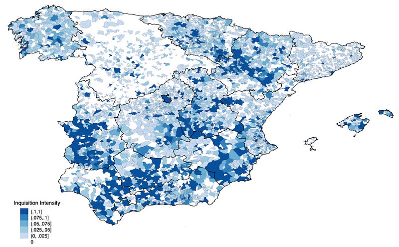 Map illustrating the distribution of Inquisition trials across Spain