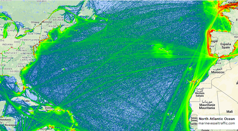 Shipping routes through the Bermuda Triangle