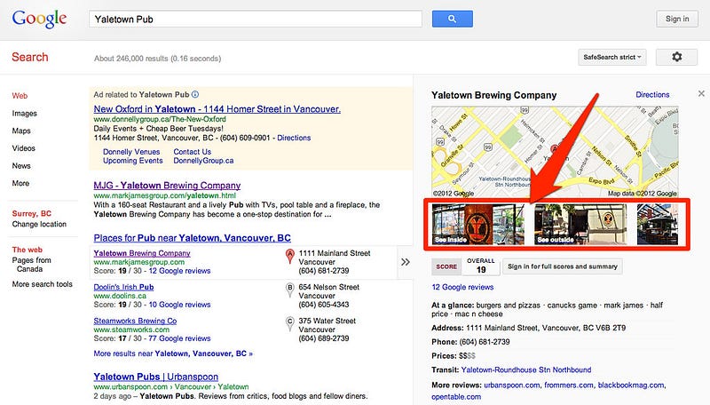 Google search interface in 2012