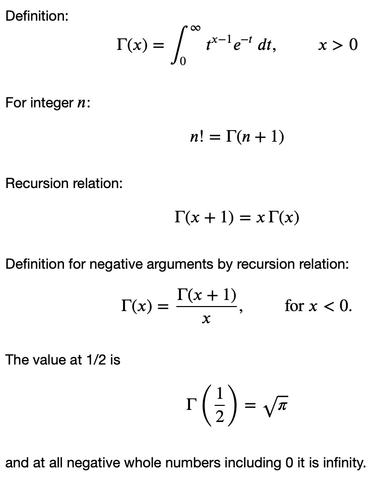 Summary of key properties of the Gamma function