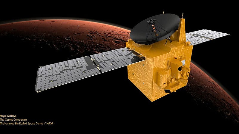 Artist's rendering of the Hope spacecraft at Mars